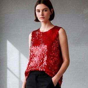 DKNY Womens Red 100% Silk Paillette Sequin Sleeveless Blouse Top‎ Size M